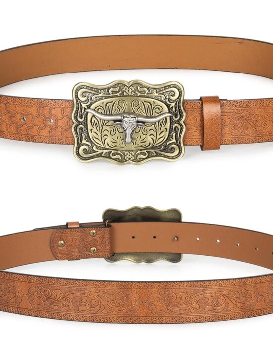 Women's Brown 2 Western Pu Leather Longhorn Bull Turquoise Embossed Buckle Belt - Picture 6 of 7